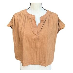 LOFT Classic Caramel Split Neck Mixed Media Top Women's Size XS Short Sleeve